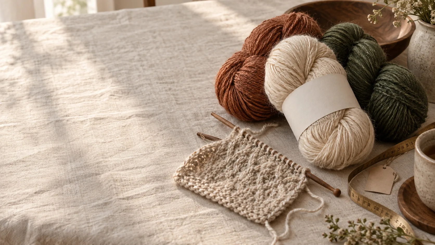 Three skeins, a cabled swatch on needles, and a tape measure on a linen cloth