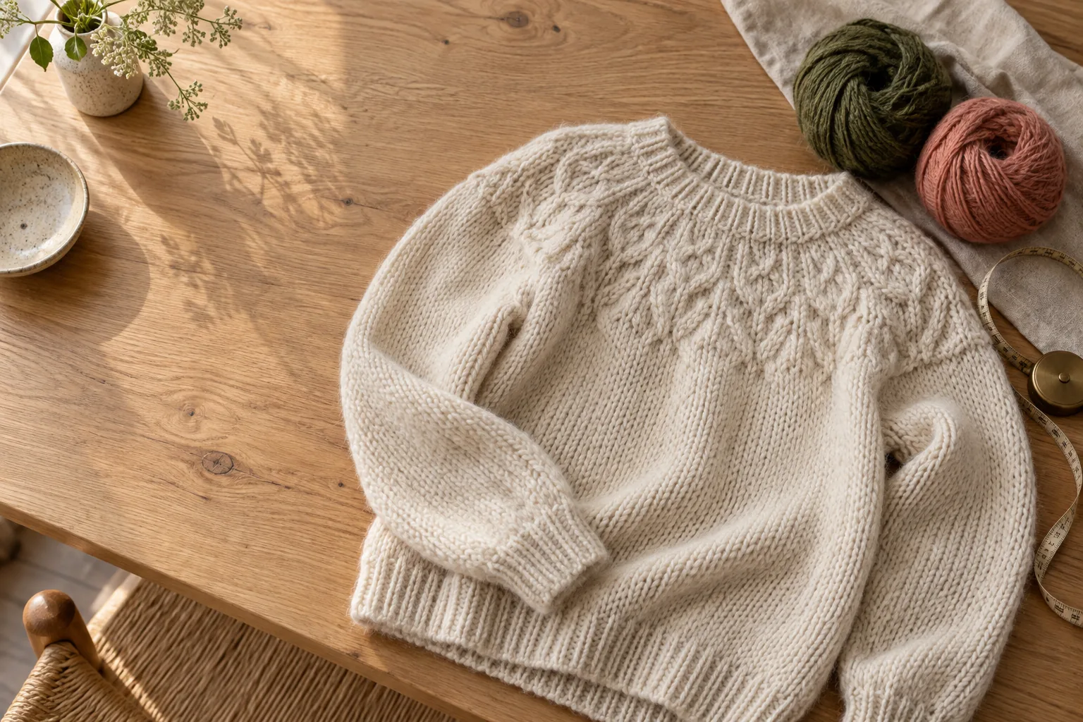 A cream yoke sweater laid flat on a wooden table with two skeins and a tape measure